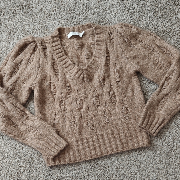 Astr Tan V-Neck Sweater with Puff Sleeves - Picture 1 of 6